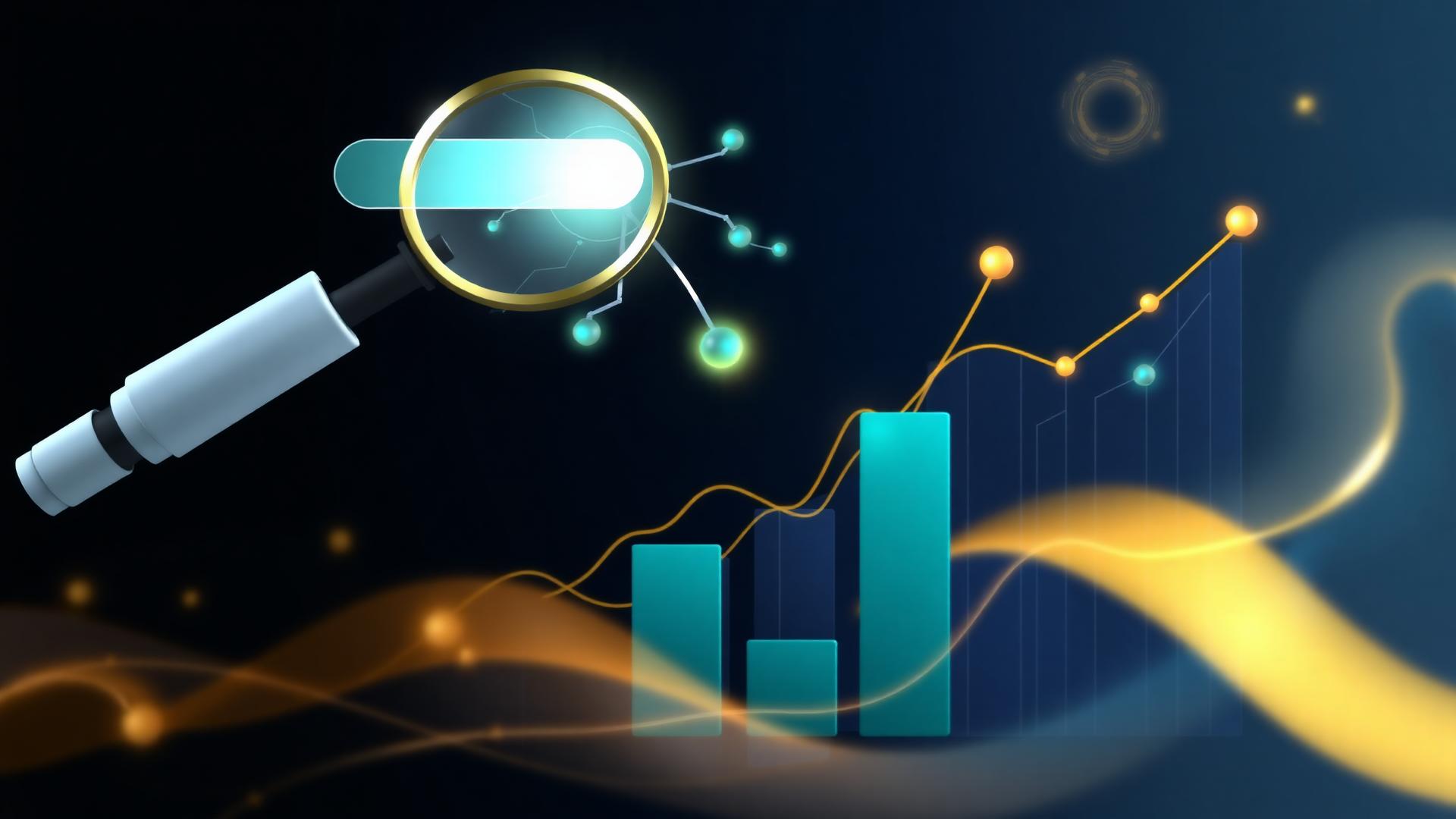 AI-powered SEO analytics — search magnifying glass, neural network and rising organic traffic chart
